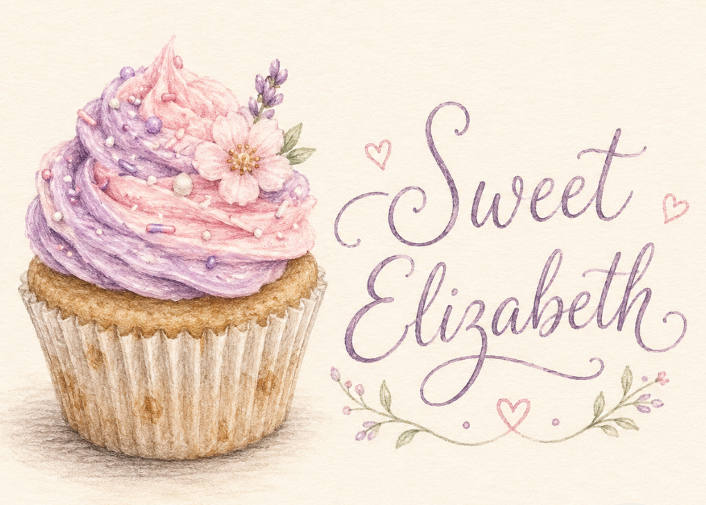 Watercolor illustration of a pink and lavender frosted cupcake beside Sweet Elizabeth hand-lettering